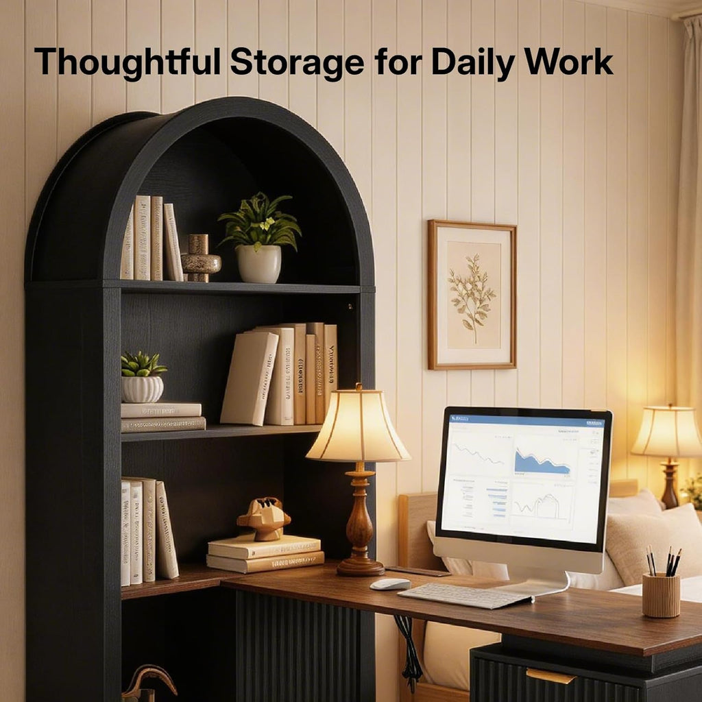 61 Inch L-Shaped Desk with Arched Hutch, Power Outlets, 3 Drawers, File Cabinet & Sliding Door Storage - Black