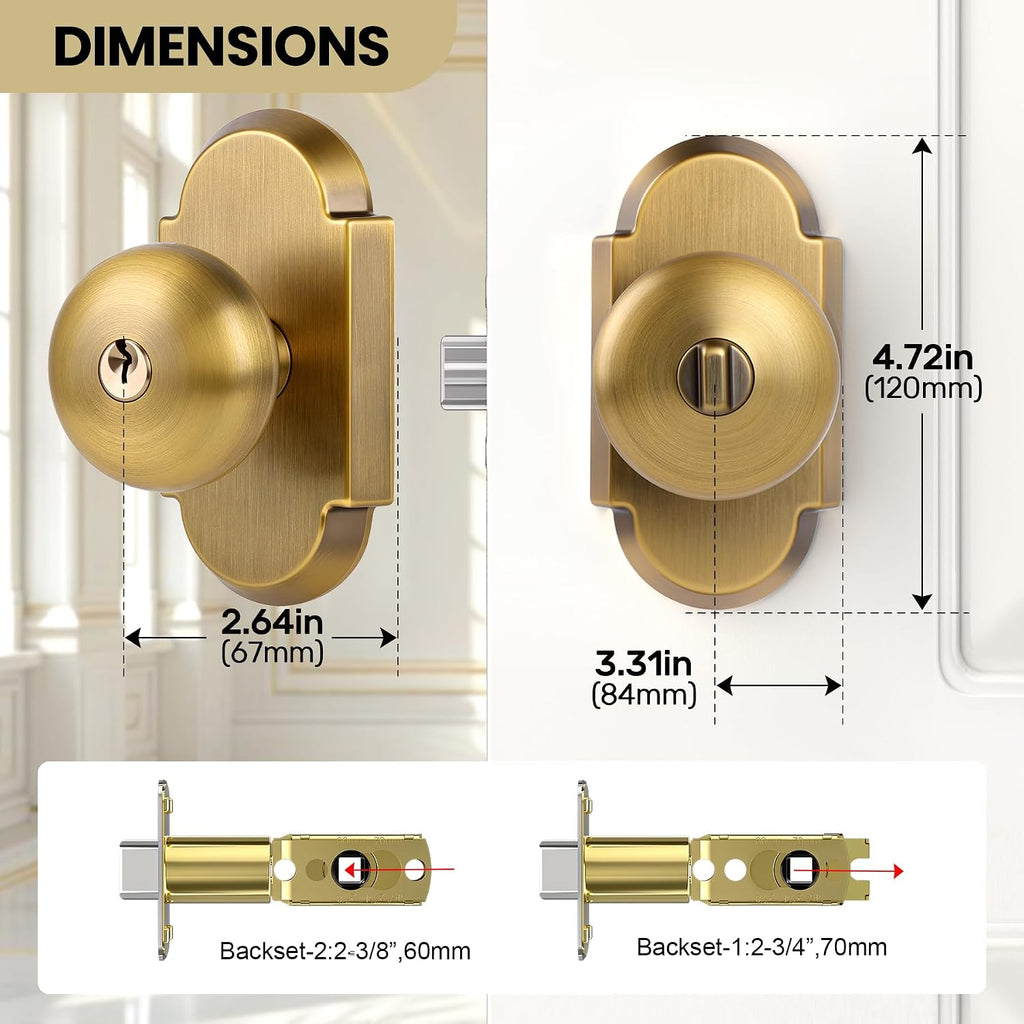 Keyed Alike Entry Door Knobs with Lock and Key, Antique Brass Door Knob