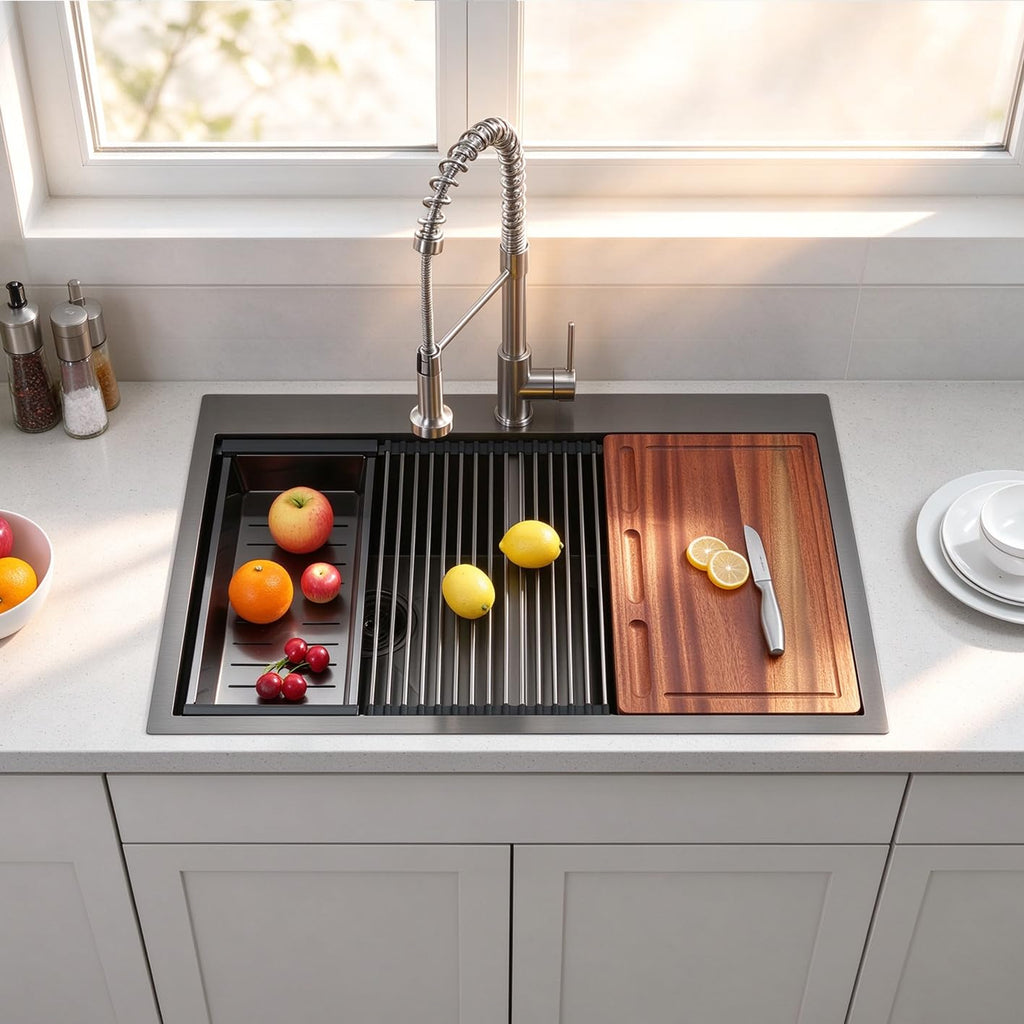 33x22 Double Bowl Kitchen Sink 33 Inch Black, Stainless Steel Drop in Double Bas Sink, Topmonut 50/50 Kitchen Sinks