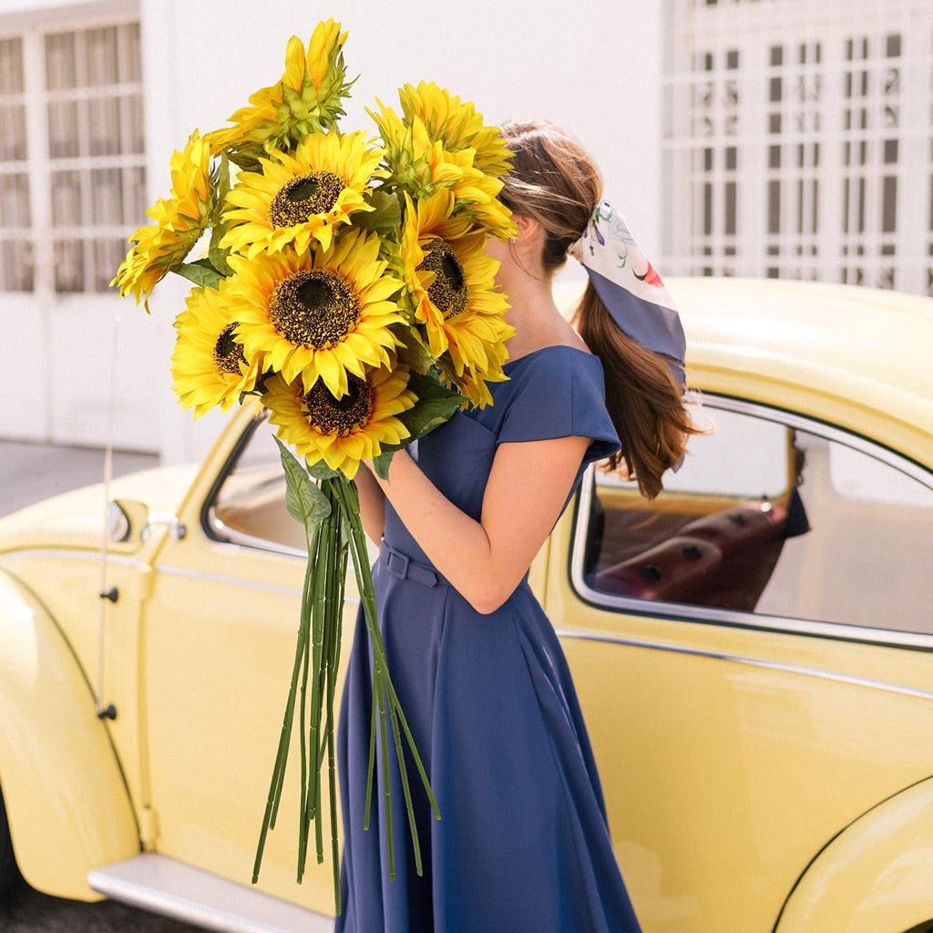 Large Sunflowers Artificial Flowers 8" Full Bloom Long Stem Artificial Sunflower 33" Tall Sun Flowers Giant Silk