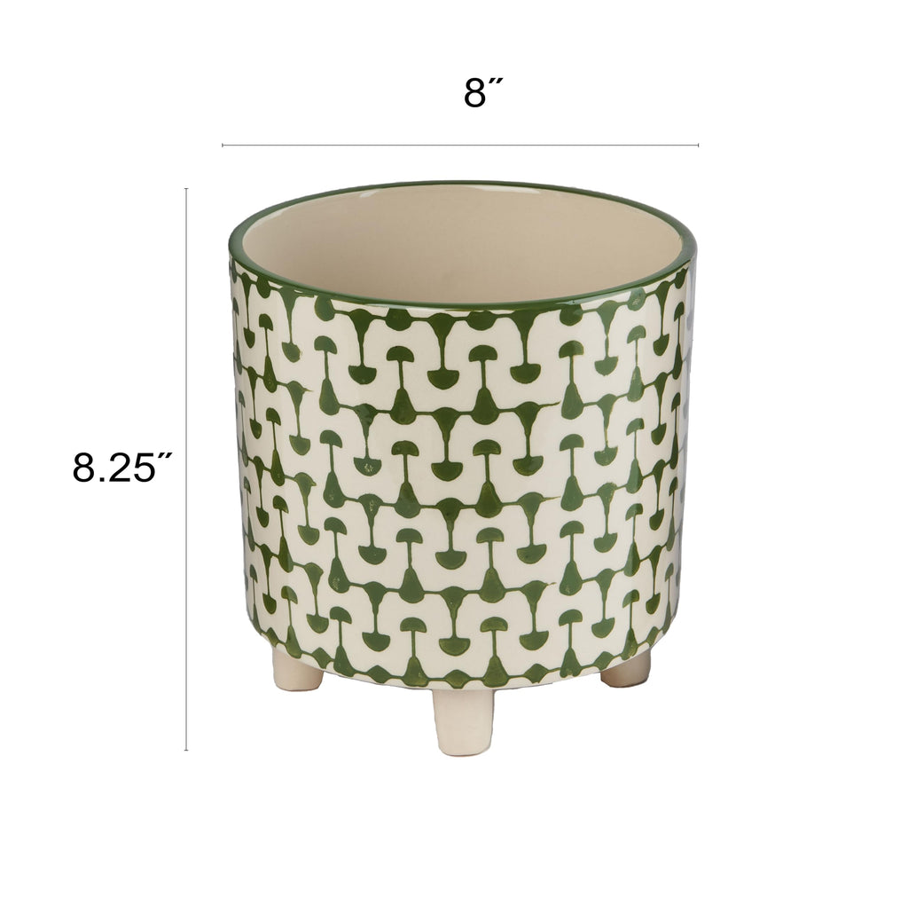Footed Stoneware Planter with Abstract Print, Green and White