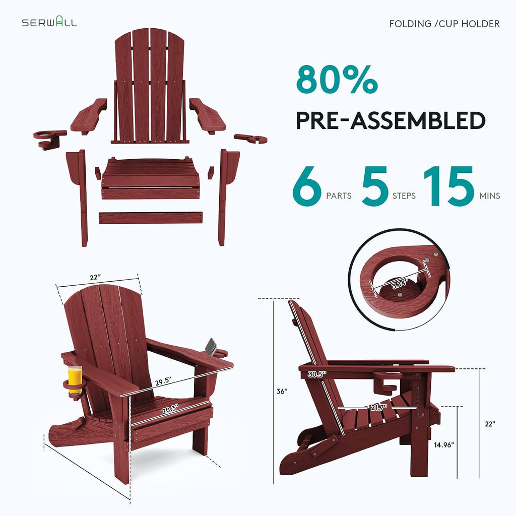 Outdoor Adirondack Chair Set of 2 with 2 Cup Holders,Foldable,Red | HDPE Composite,Waterproof,Wood Grain,Cup & Phone