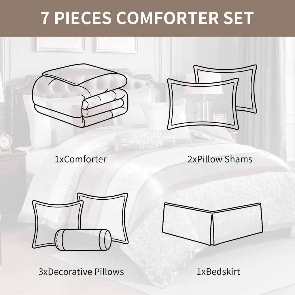 7 Piece Luxury Comforter Set - Luxurious Jacquard Striped Patchwork Design Comforter, Vintage