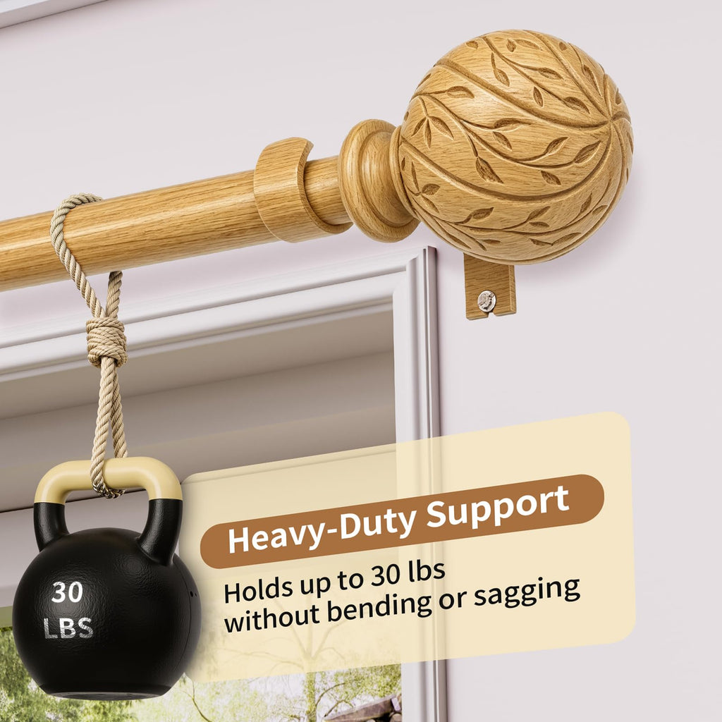 Wood Curtain Rods for Windows 36-120", Adjustable Long Boho Drapery Rods
