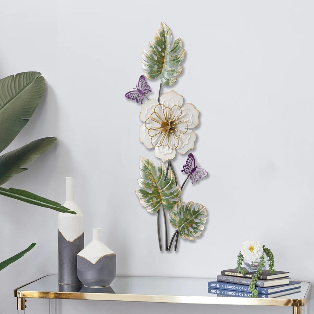 3D Metal Wall Decor 23 X 8 Inch, Flower, Butterfly and Leaves