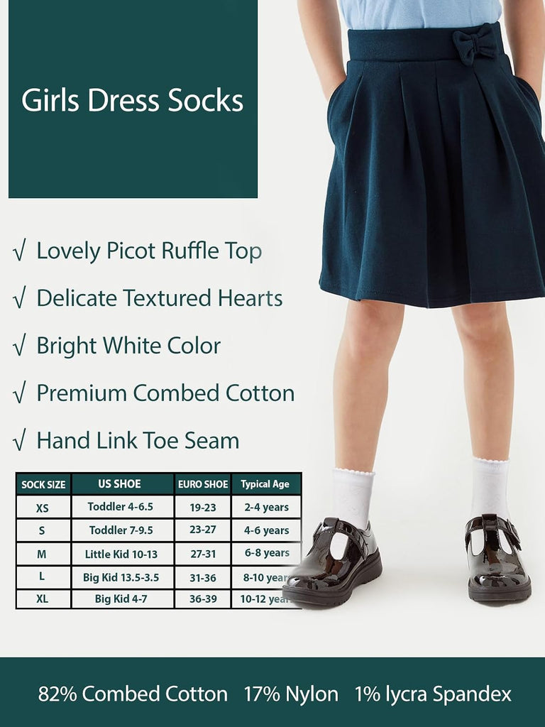 Kids Girls White Dressy Textured Thin Socks Scallop Top 5 Pack