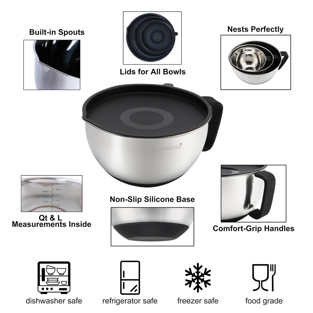 Stainless Steel Mixing Bowls Set with Lids,1.5,3 & 5 Qt,Black