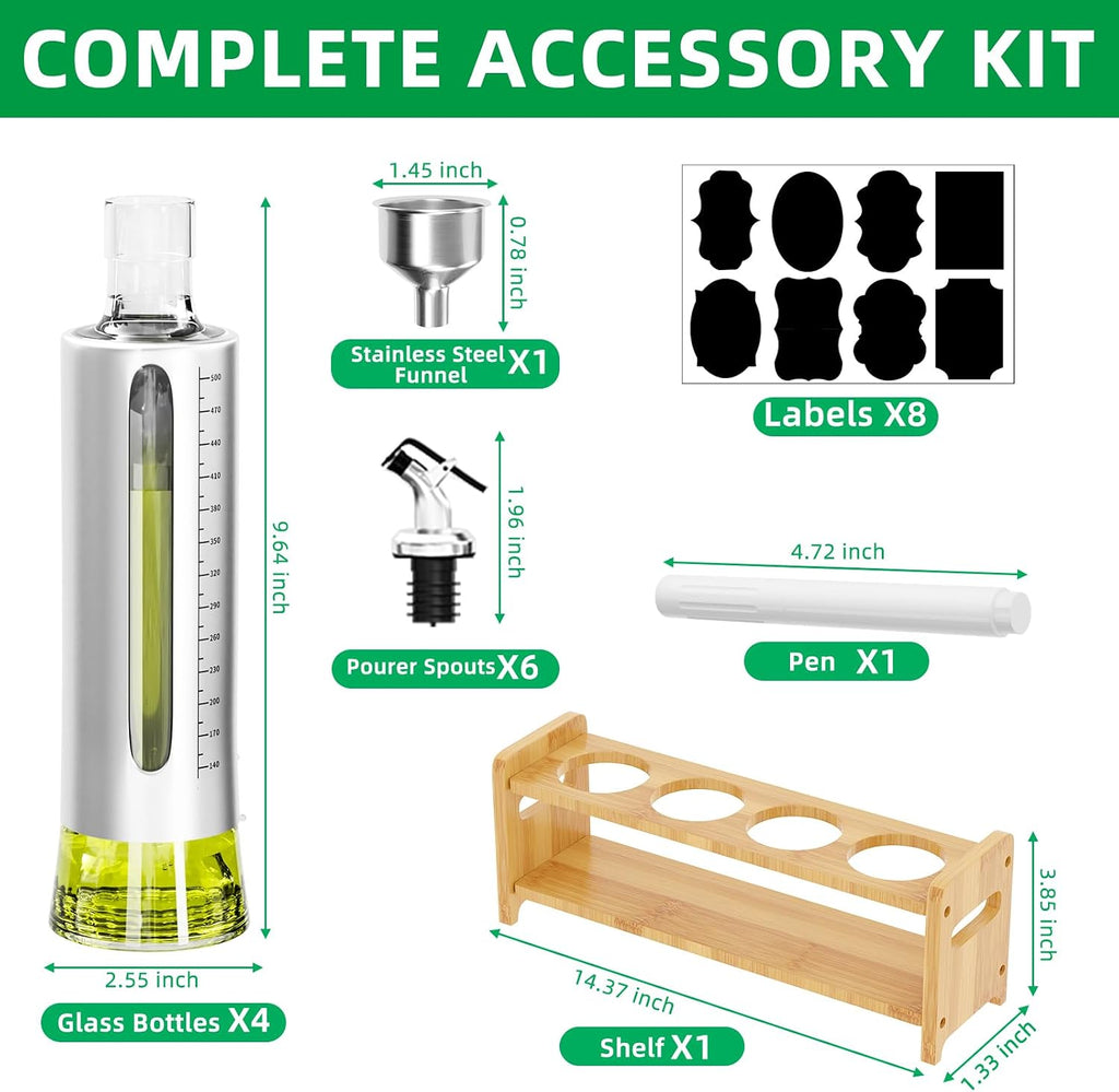 Oil Dispenser Bottle, 4 Pack Glass Olive Oil Dispenser Bottle with Shelf, 17oz/500 ml Oil and Vinegar Dispenser Set - Set of 4