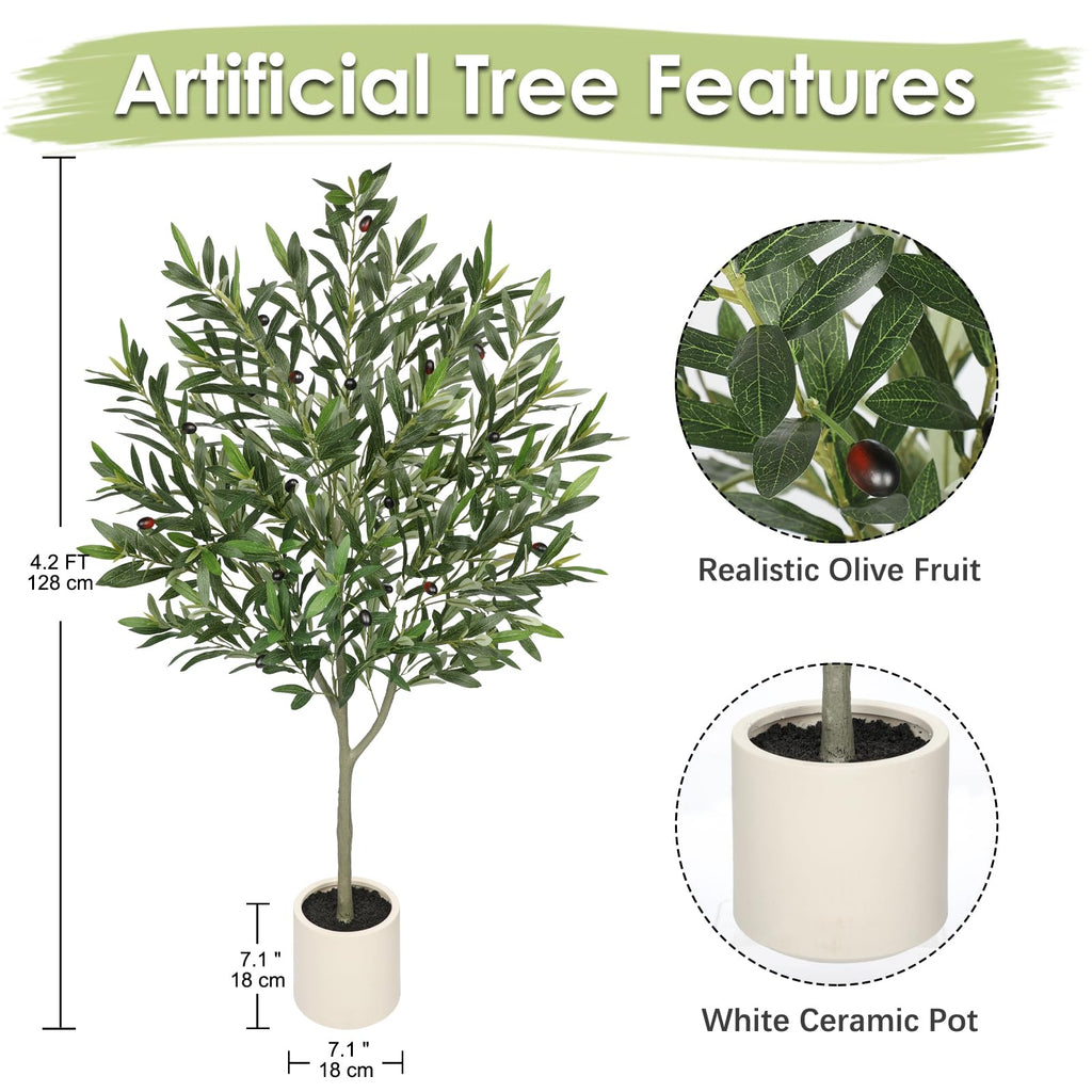 Faux Olive Tree with Pot 4.2FT Small Fake Olive Tree Indoor 50.4inch with Natural Wood Trunk and Lifelike Fruits