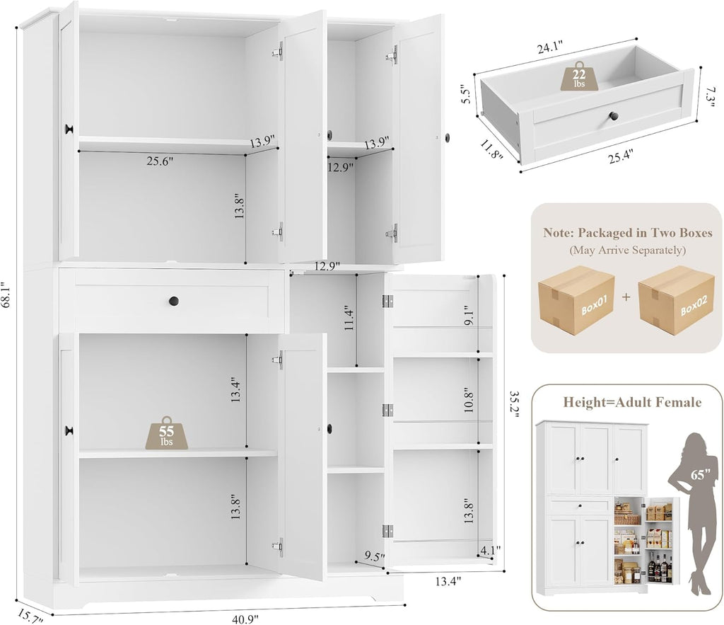 68" Tall Kitchen Pantry Storage Cabinet with Doors & Shelves, White | Large Pantry Cabinet with Door Rack