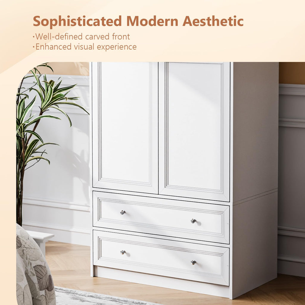 72" Wooden Armoire Wardrobe Closet with 2 Doors and 2 Drawers, White
