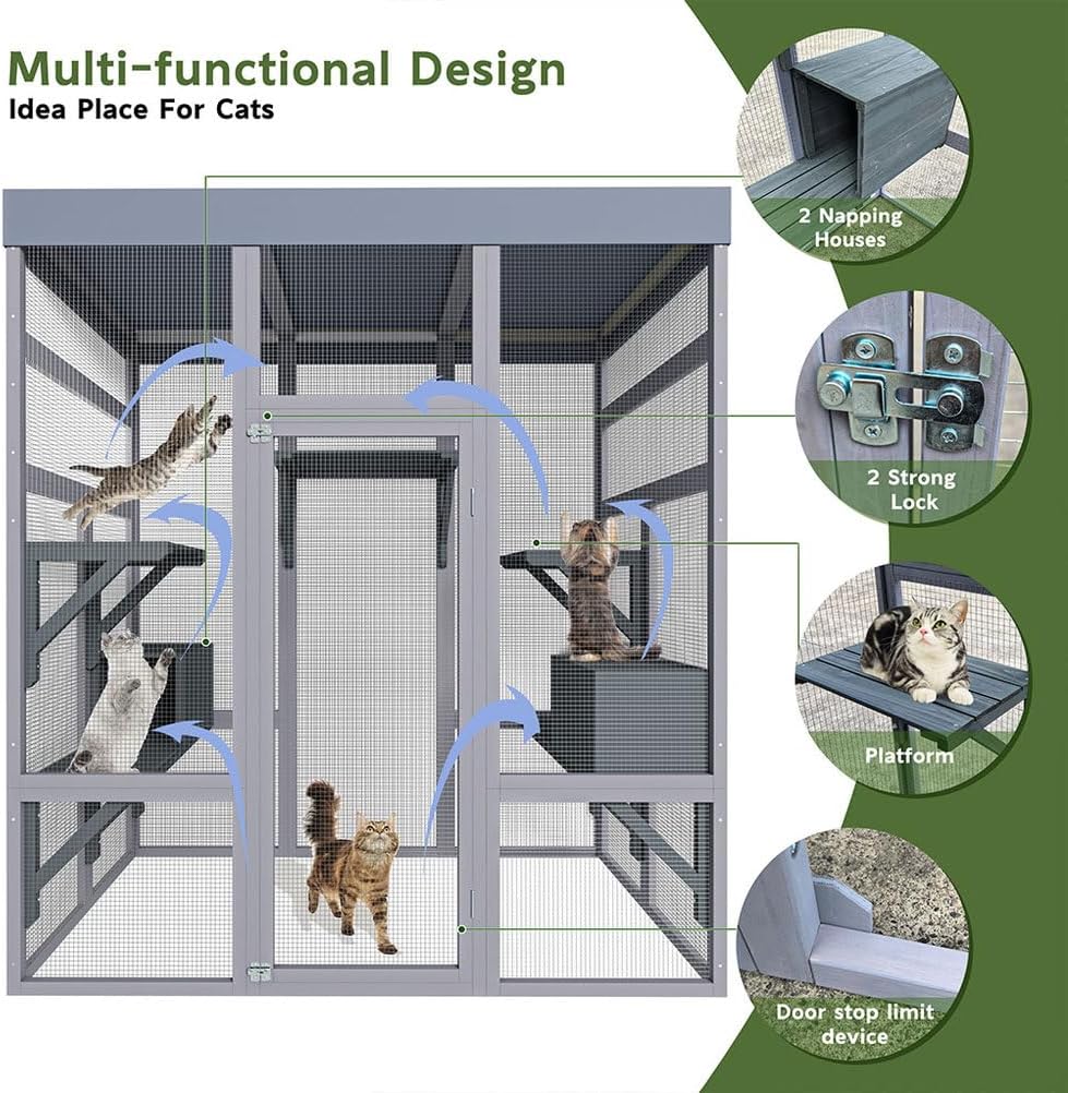 70 Inch Catio Outdoor Cat Enclosure, Large Wooden Cat House with Waterproof Fabric Roof, Solid Wood Frame and Metal