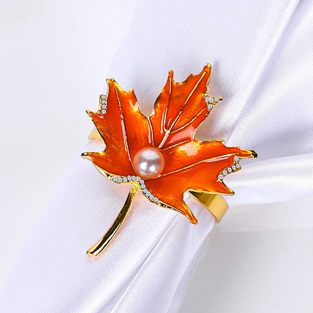 Maple Leaves Napkin Ring Holders Fall Thanksgiving Autumn Leaf Napkin Buckle with Faux Pearl Metal Dinner Table - Set of 8