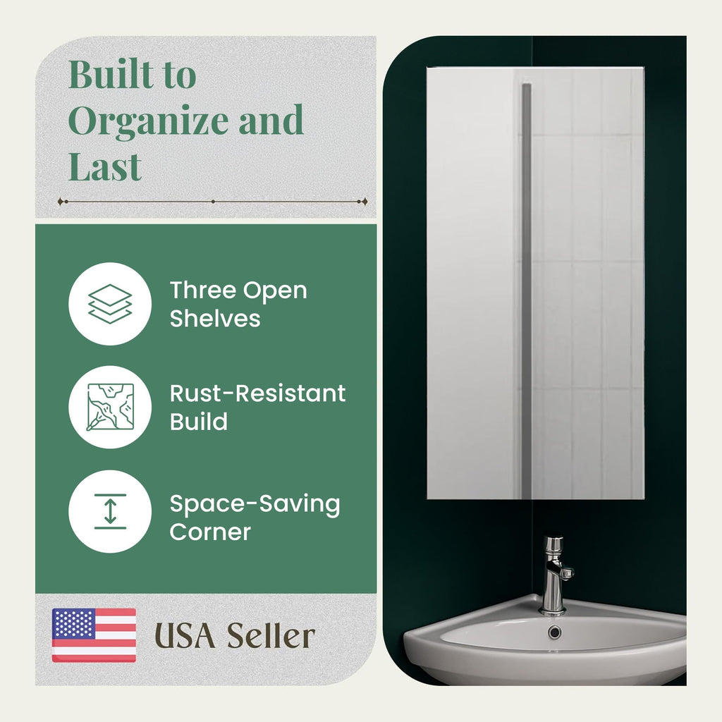 Supply Infinity Corner Medicine Cabinet with Mirror - Triple Shelf Storage Cabinet - Modern Wall Mount Medicine