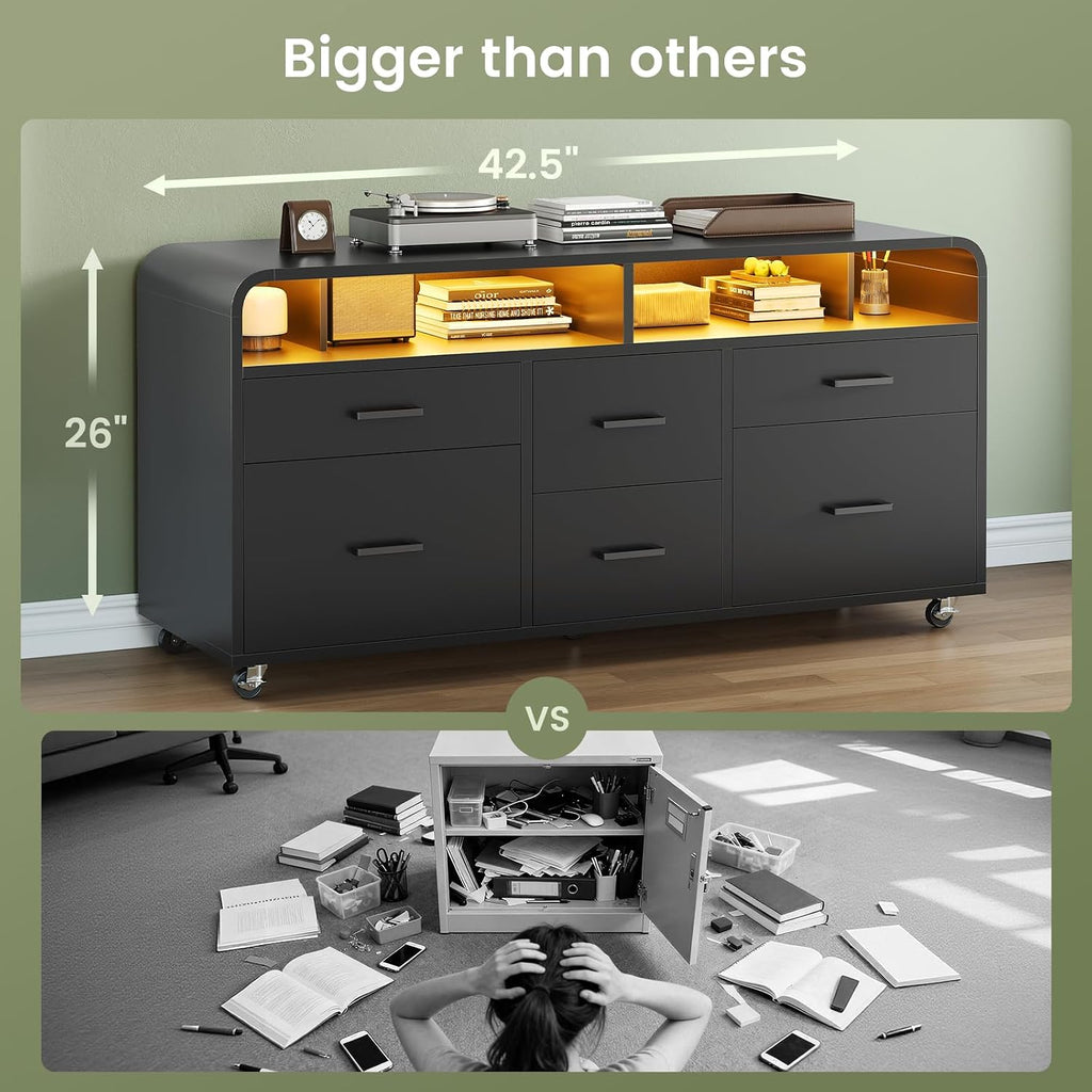 6 Drawers File Cabinet with Power Strip fits Legal/Letter/A4 Size | 47" Wood Mobile Lateral Filing Cabinet , Printer