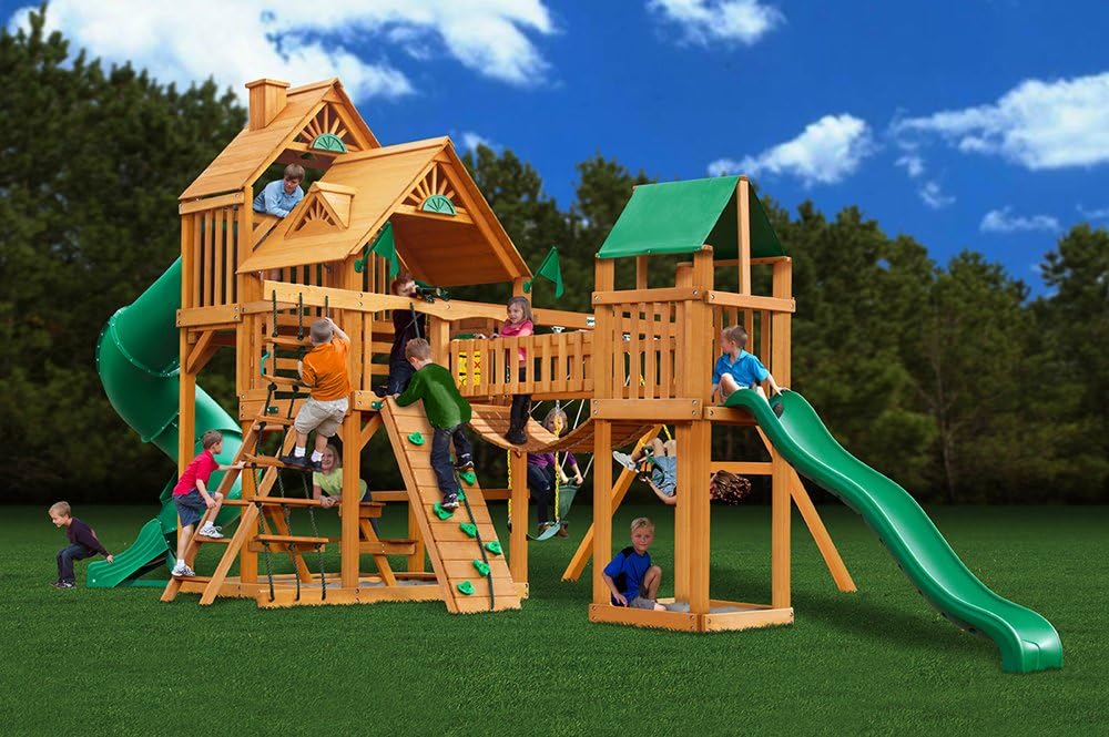 Treasure Trove I Wooded Swing Set with Wood Roof | Rock Wall, Two Slides, Clatter Bridge, Steering Wheel, Telescope