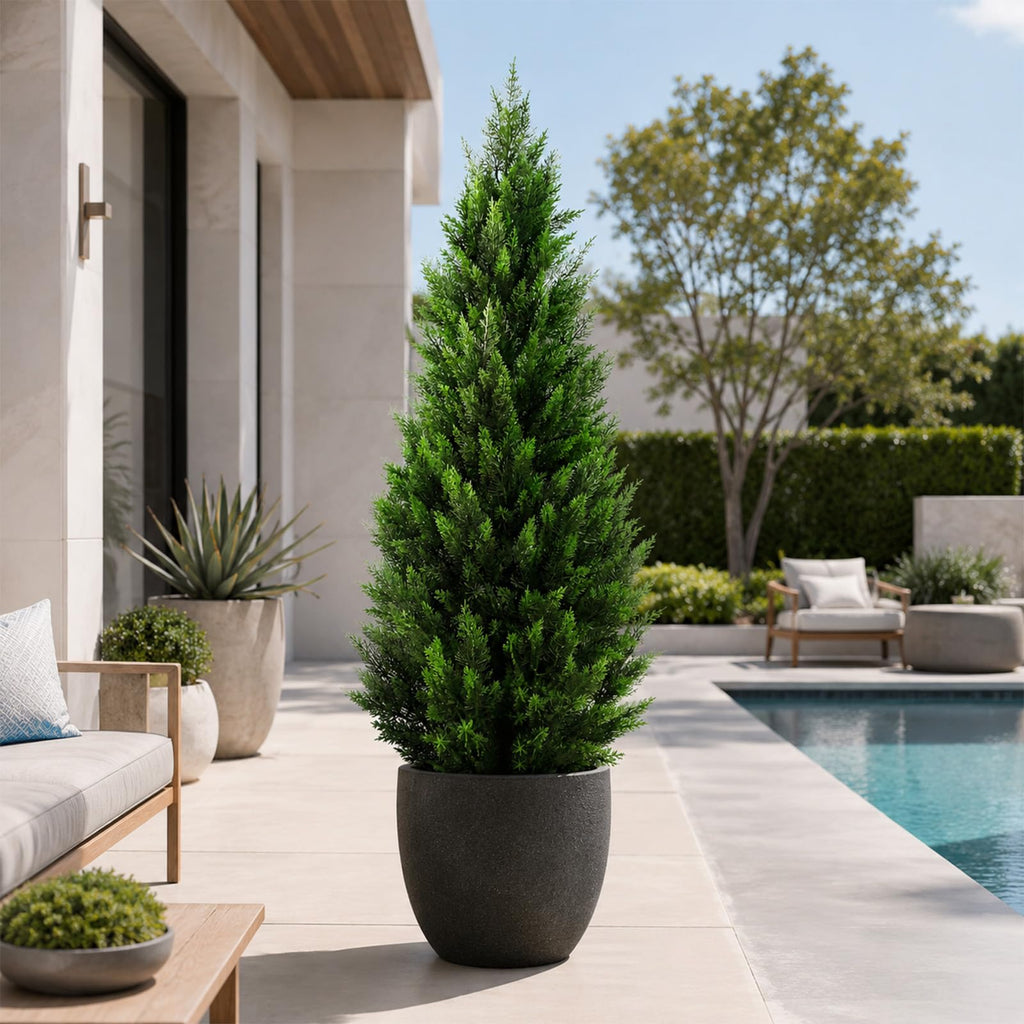 Artificial Topiary Cedar Trees 5FT Tall 2 Set, Outdoor Indoor Faux Pine Shrubs Plants, Realistic Fake Plants Front