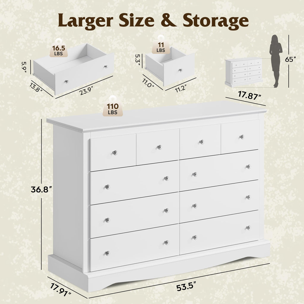 White 10 Drawer, Chest of Drawers with SGS-Tested