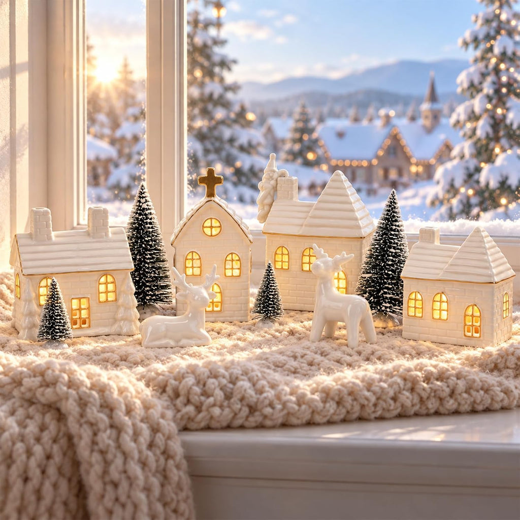 Christmas Village Set, 16-Piece Ceramic Light Up Houses and Pine Trees