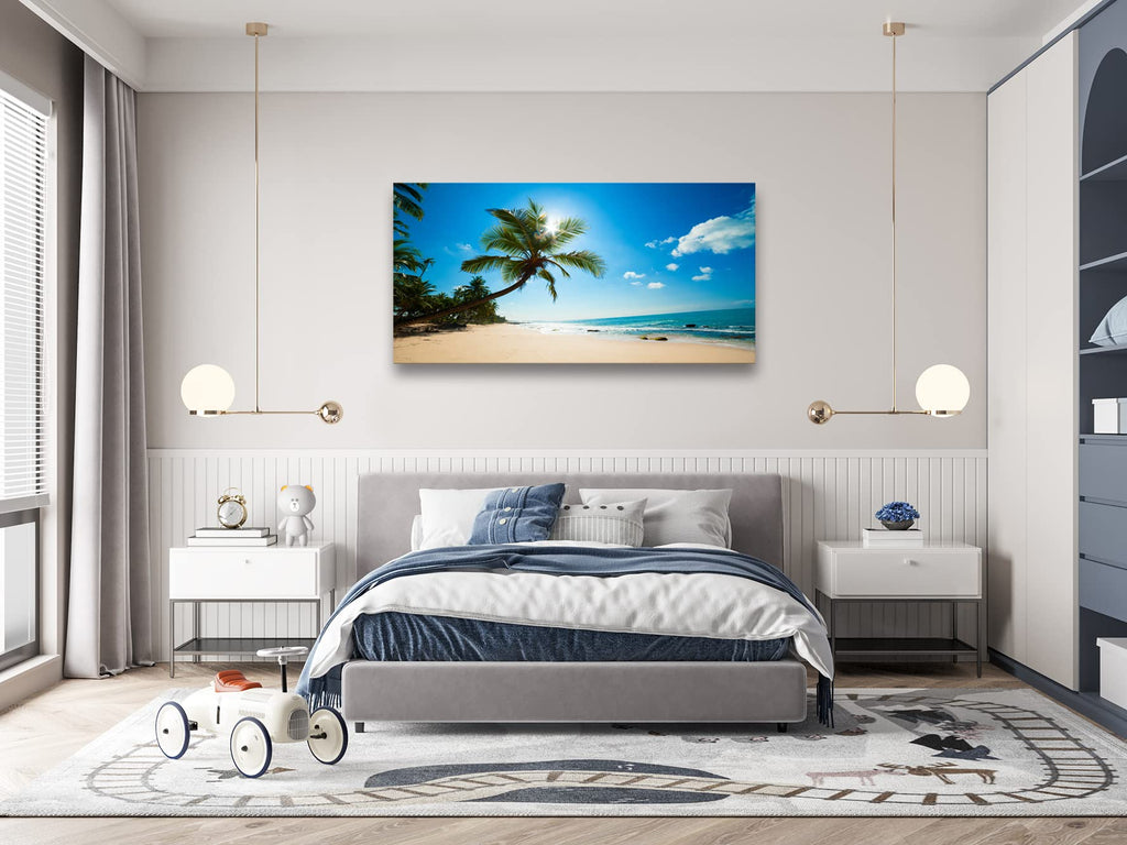 Large Canvas Wall Art Summer Ocean Waves Prints Coconut Trees Beach Seascape Painting Hawaii Sea Nature