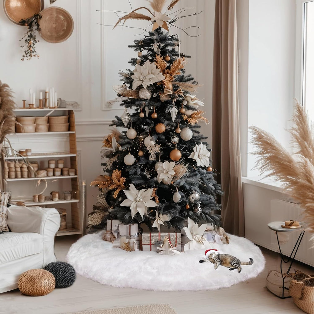 72 Inch Christmas Tree Skirt, White Faux Fur Plush Design for Holiday Decor