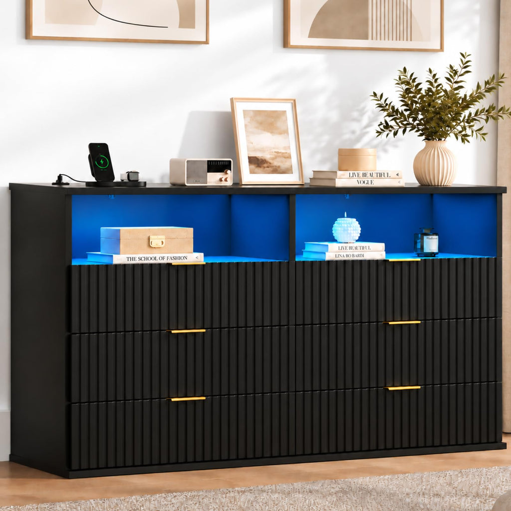 6-Drawer Dresser with 2 Open Cubbies, LED & Power Outlet