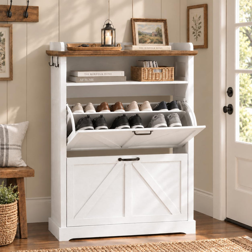Farmhouse Freestanding Shoe Cabinet, 31.5" White