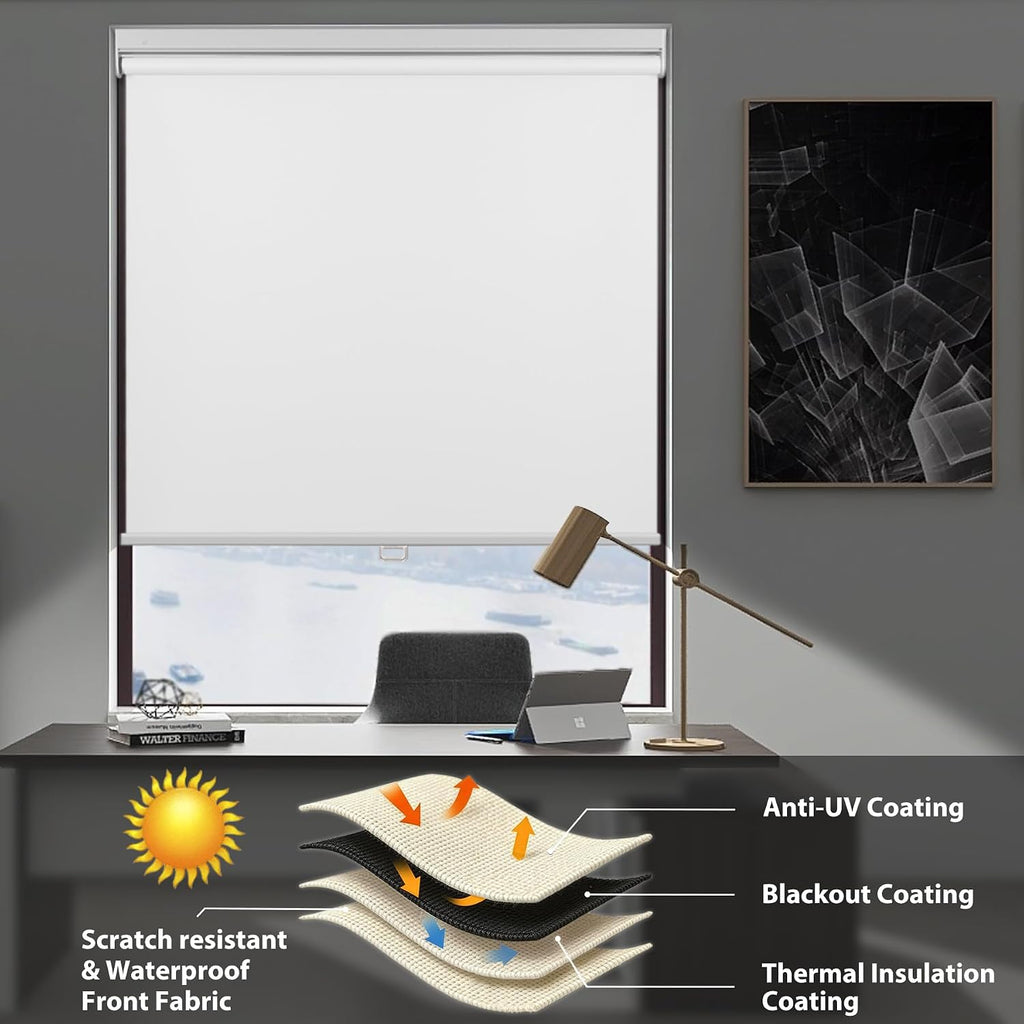 No Drill Cordless Blackout Roller Shades Screwless Waterproof Shower Window Blinds, Auto-Retraction Easy Install