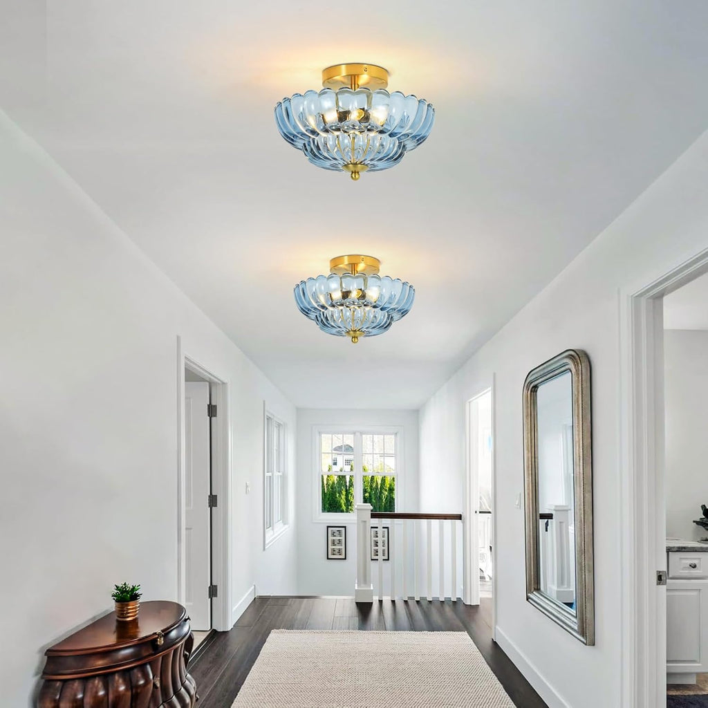 3-Light 12 Inch Blue Semi Flush Mount Ceiling Light | Modern Flush Mount Ceiling Light with Flower Glass Shade