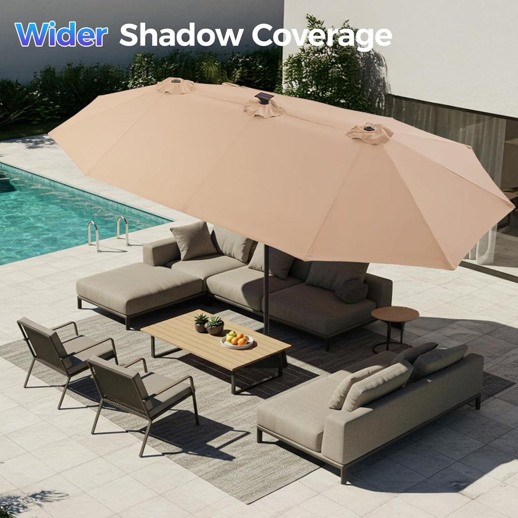 13ft Outdoor Patio Umbrella with Solar Lights, Double-sided Deck Pool Umbrella with 1.5 Inch Pole