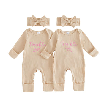 Newborn Baby Girl Twins Matching Outfits Knit Romper Jumpsuit, Apricot