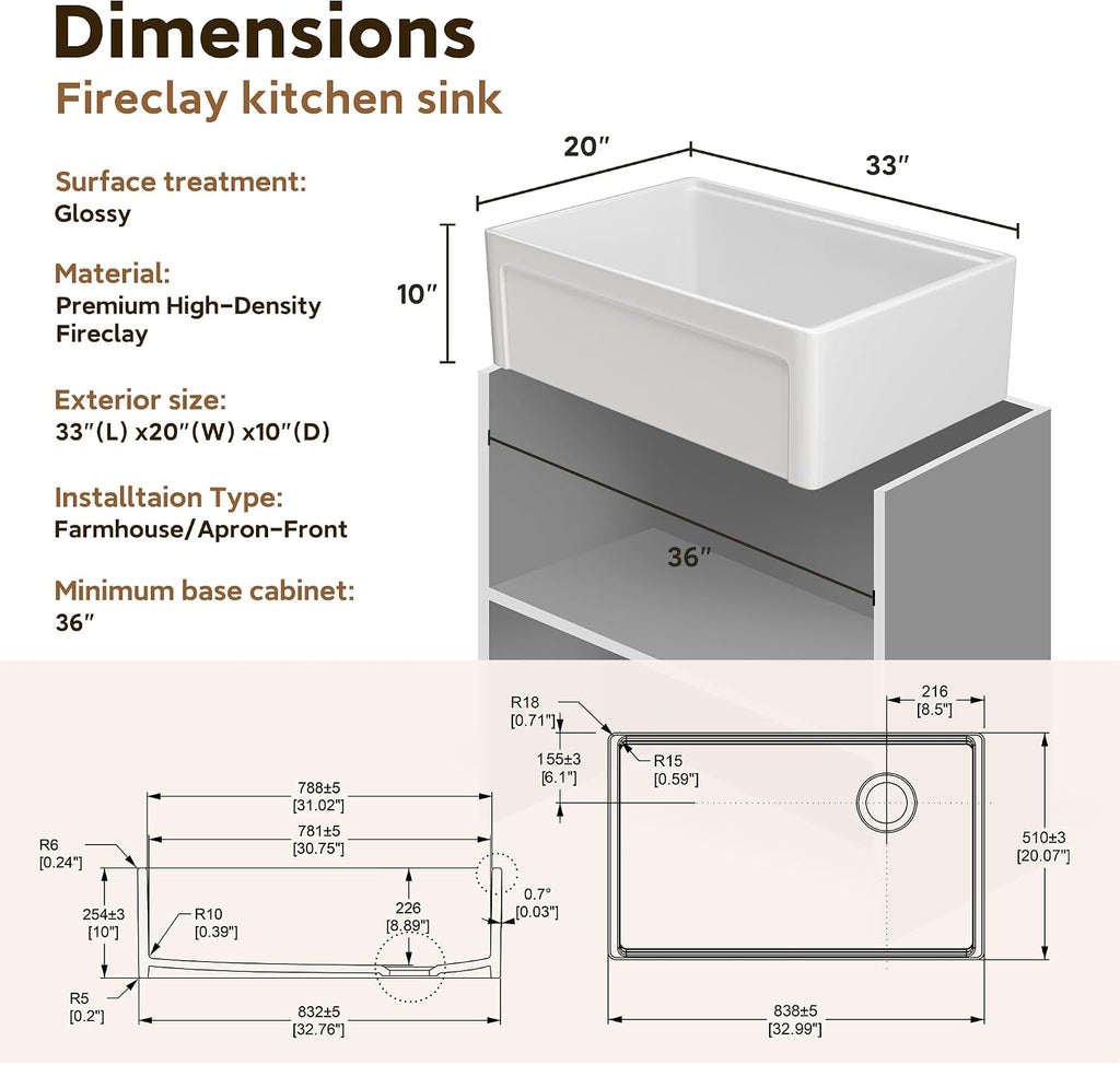 White Farmhouse Sink Fireclay Apron Front Kitchen Sink Single Bowl Kitchen Sinks, 33x20x10 Deep Workstation Sink with