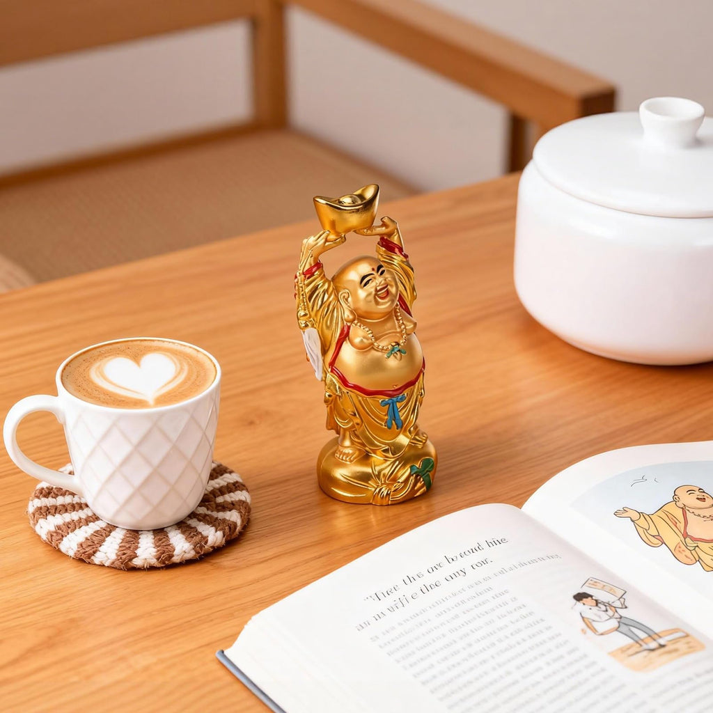 Resin Feng Shui Golden Laughing Buddha Holding Ingot Statue 4.7in(H)