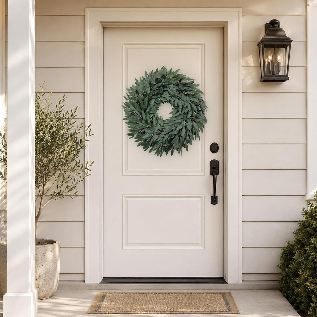 22 Inch Olive Wreath for Front Door, Spring Summer Wreaths for Front Door with Faux Grapevine Base, Artificial