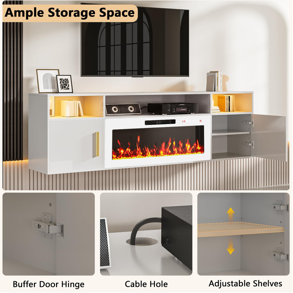 70'' Floating TV Stand with 36" Fireplace, Wall Mounted Entertainment Center with Storage Cabinet and 20 Colors LED