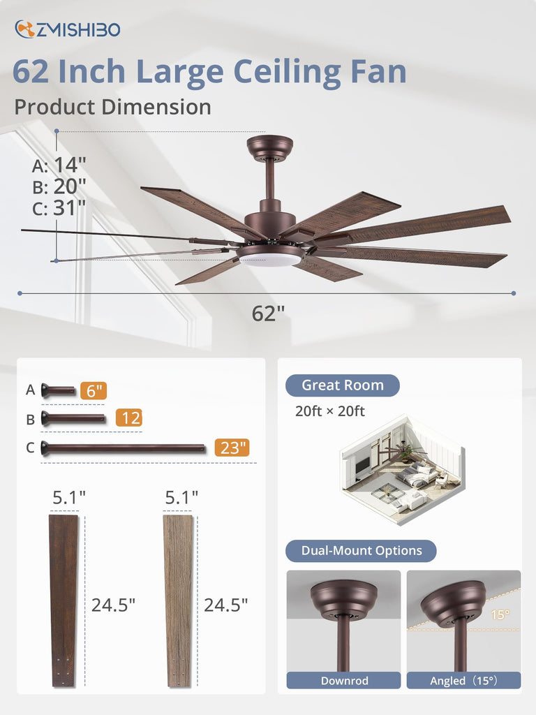 62" Farmhouse Ceiling Fan with Light, Remote Control, Oil Bronze