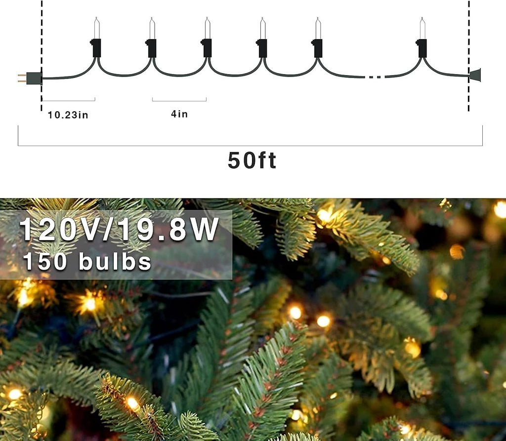 150 LED Warm White Christmas String Lights, 50 FT Green Wire, UL Certified Connectable, Xmas Lights Outdoor or Indoor