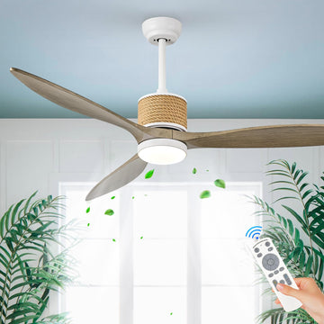 60in Boho White Ceiling Fan Lights with Remote Control 3 Blade Hemp Rope Ceiling Fans with Light Coastal Weathered