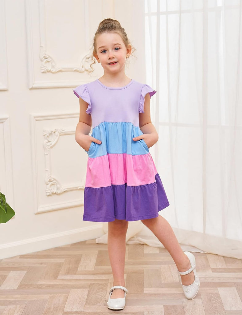 Girl's Dresses Cotton Ruffle Sleeve Tiered Swing A-Line Cute Midi Casual Sundress