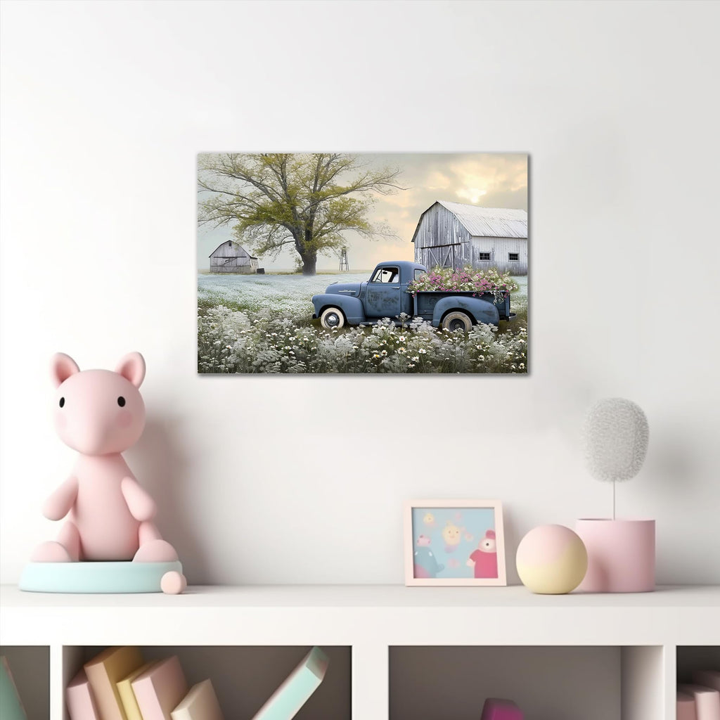 Farmhouse Old Truck Canvas Wall Art, Pictures Wall Art, Country Antique Pickup Truck Canvas Prints, Blue Truck With