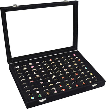 Velvet 100 Slots Ring Organizer Tray Ring Box with Clear Lid