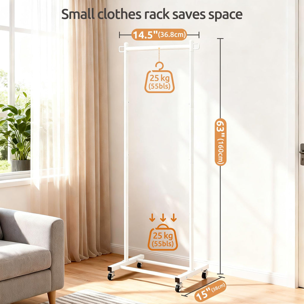 63-Inch White Clothes Rack with Shoe Shelf and Side Hooks