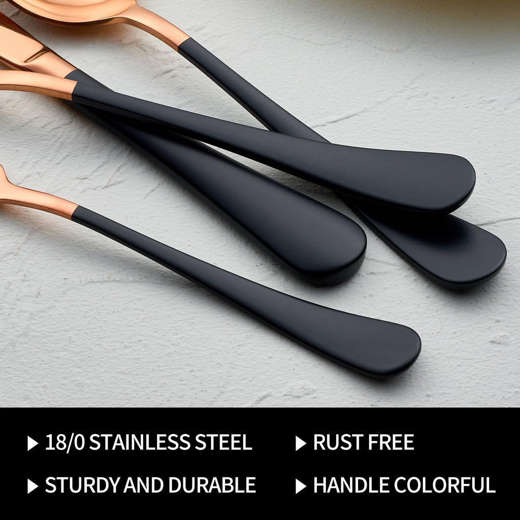 Rose Gold and Black Silverware Sets for 4,Black Handle Stainless Steel Cutlery Set, Include Forks Spoons