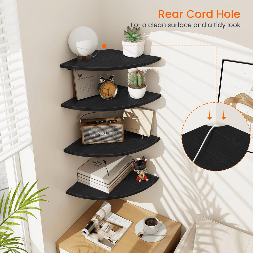 Corner Shelf Wall Mount, 4 Tier Rounded Corner Floating Shelves, 12 Inch Deep Hanging Corner Shelf Storage, Wood