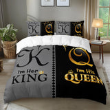 Grey and Black Duvet Cover Set King, K and Q Printed Crown Couple Bedding Set Gifts,3 Piece His Her Themed Lightweight