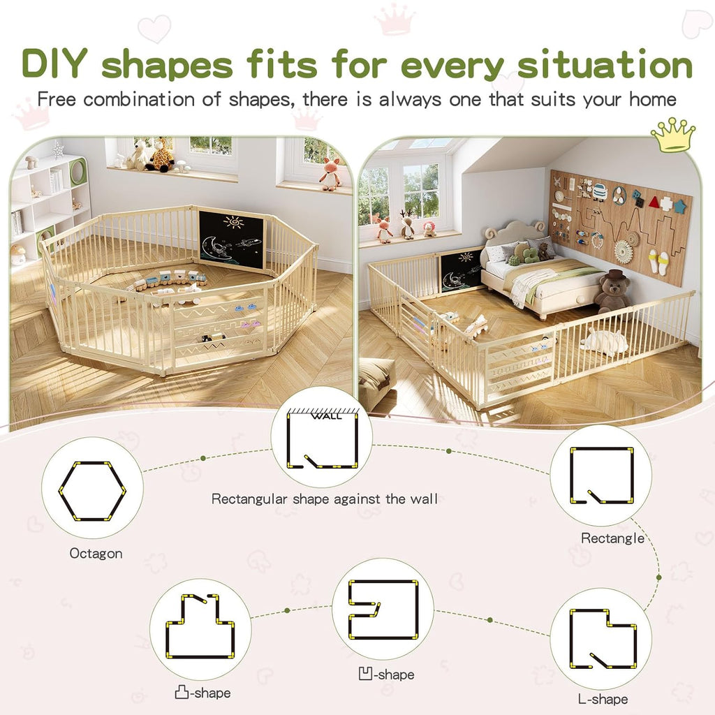 87x56in Foldable Wooden Baby Playpen with Gate, Safety Lock, CPC Certified Play Yard with Suction Cups, Expandable
