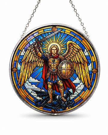 St. Michael Stained Glass Suncatcher with Chain 5.9 Inches, Catholic Decor