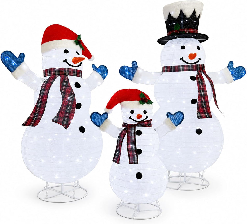 3-Piece 3D Lighted Snowman Family Set Outdoor Christmas Decorations Outdoor Snowman Decorations Collapsible Snowmen