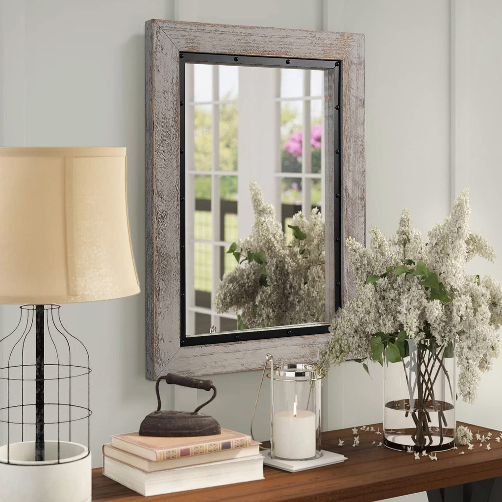 Rustic Wooden Framed Wall Mirror, 32"x24", Natural Wood and Iron Bathroom Vanity Mirror for Farmhouse Decor, Vertical