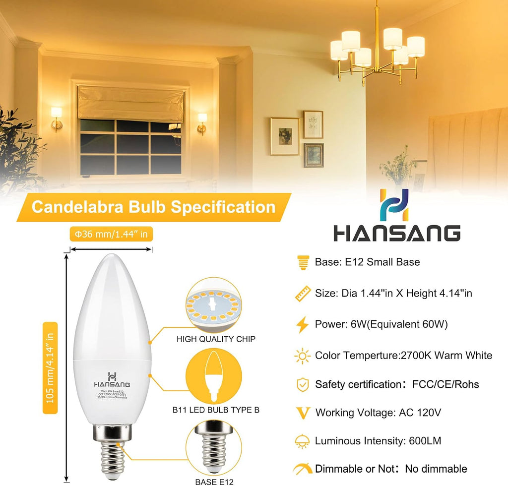 E12 LED Candelabra Light Bulbs 60W Equivalent Warm White 2700K